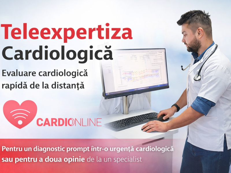 Teleexpertiza cardiologica. Medic ce sta la calculator si citeste investigatiile unui pacient cu care discuta.